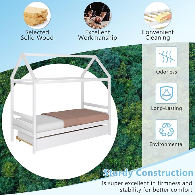 KOMFOTT Twin House Bed with Trundle, Solid Wood Playhouse Platform Bed Frame, Kids Daybed with Roof for Girls & Boys, No Box Spring Needed, Noise-Free Design, Easy Assembly, White