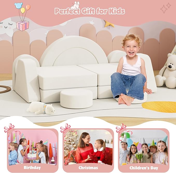 12 PCS Modular Kids Play Block Couch Child Sectional Soft Sofa Toddler Building Fortplay Climbing Bedroom Playroom Baby Convertible Floor Foam Cushion for Boys & Girls (Cream+Double Seat-1)