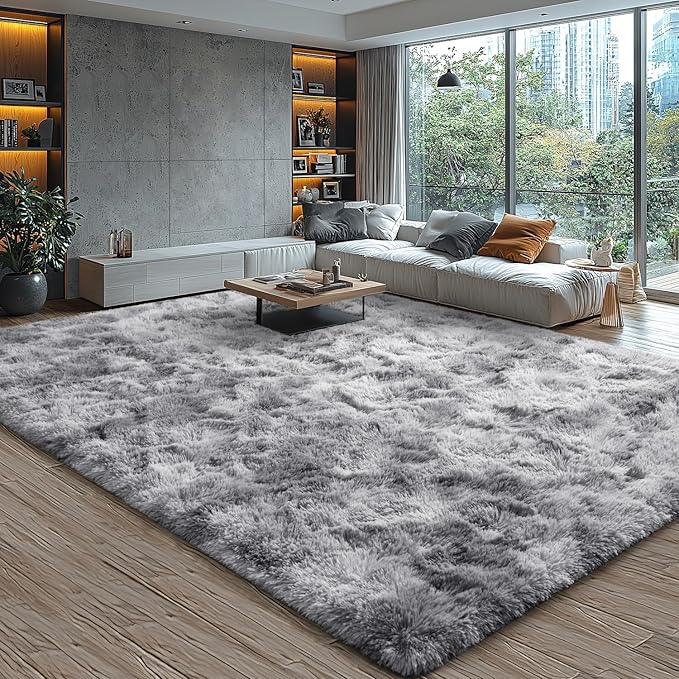 EVOIONOS Area Rug for Living Room Bedroom, Washable 7x10 Fluffy Shag Large Rug, Soft Plush Non Slip Carpet for Indoor Floor Bedside Nursery Kids Room, Dorm, Home Decor Aesthetic, Tie-Dyed Light Grey