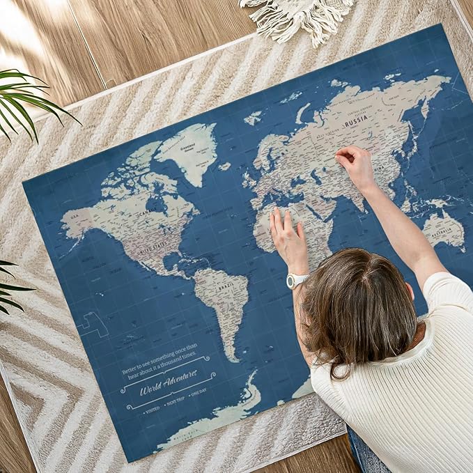 ElephantStock - World Adventures Push Pin Travel Map I Wall Art - Horizontal Canvas Wall Art - Living Room Wall Decor - Printmaking Map Canvas Art - Blue And Beige Decor - 48" x 32"