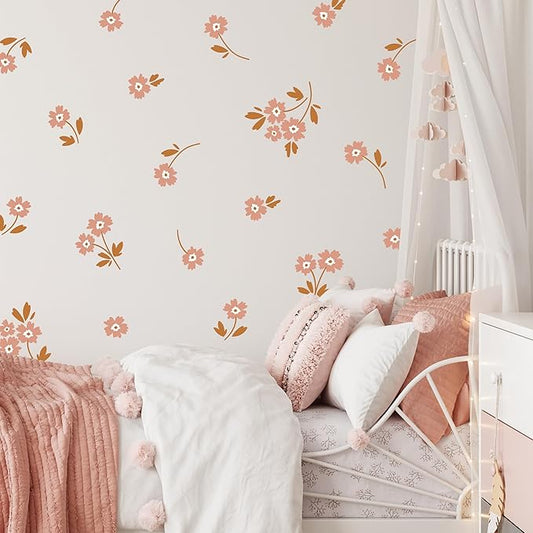 Boho Flower Wall Decals - Set of 30 Vinyl Flower Room Decor Peel and Stick Removable Floral Stickers for Nursery Bedroom Bathroom