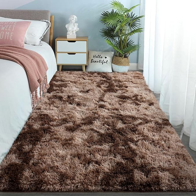 DweIke Fluffy Brown Rugs for Bedroom Living Room, 8x10 Large Soft Plush Shaggy Tie-Dyed Dark Coffee Girls Boys Kids Rug, Upgraded Non-Slip and Machine Washable Carpet for Dorm Nursery Decor