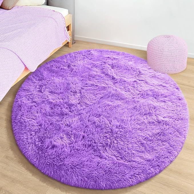 EVOIONOS Purple Round Rug for Girls Bedroom, 4x4 Feet Fluffy Circle Rug for Kids Room, Fuzzy Circular Rug, Plush Shaggy Soft Area Rug for bedroom, Non Slip Living Room Rug, Nursery Dorm Cute Small Rug