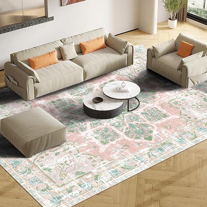 Vhong Boho Area Rugs Vintage Washable Neutral Modern Dusty Pink and Green 9x12 Non Slip Large Carpet for Nursery Living Room Dining Room Bedroom Farmhouse Girls Room