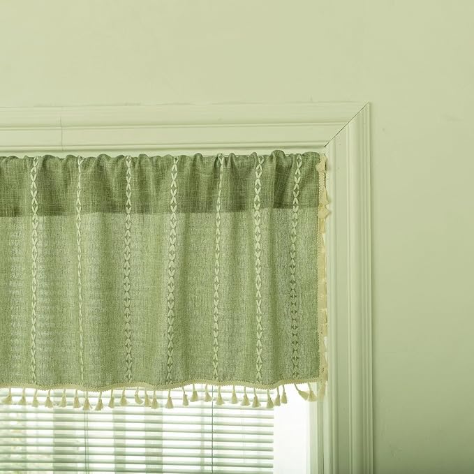 Deeprove Sage Green Boho Curtain Tassel Valance for Cafe Kitchen Closet Garden Decor, Bohemian Farmhouse Cream Cotton Linen Short Panel French Country Window Treatments Tier Panel, W52 x L18, 1 Piece