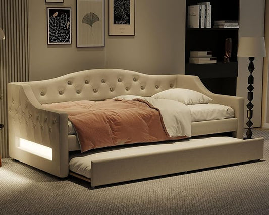 Merax Twin Size Linen Corner Daybed with Trundle and LED Belt, Upholstered Headboard Captain Bed Frames for Small Room, Bedroom, Guest Room, Kids' Room, White