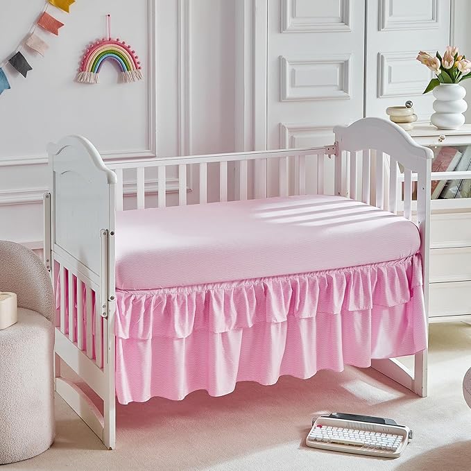 3 Pieces Flowers Mini Crib Bedding Set Baby Ruffled Quilted Comforter with Fitted Sheet and Bed Skirt - Cute Ruffled Shabby Chic Baby Bedding Soft Gray Pink Rose Floral Design