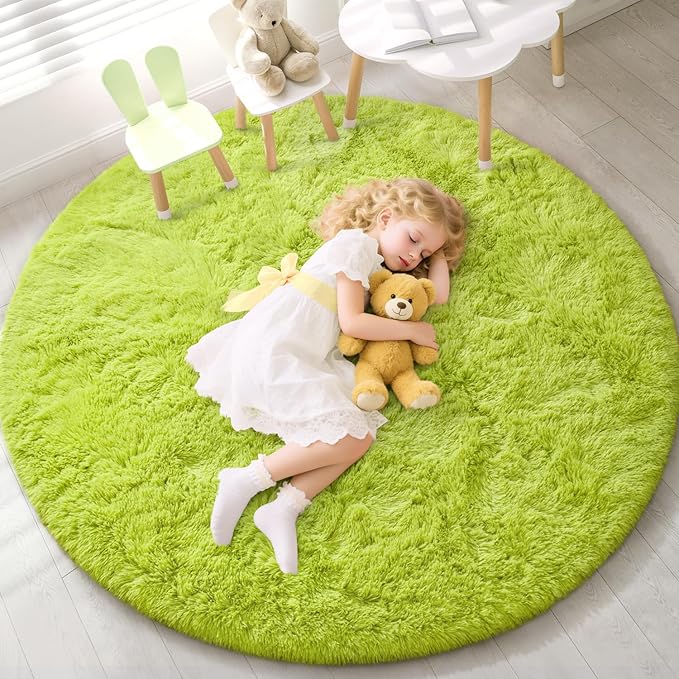 EVOIONOS Green Grass Round Rug for Bedroom, 4x4 Ft Fluffy Soft Circle Area Rugs for Living Room, Plush Shaggy Circular Carpet for Indoor Floor Bedside Girls, Machine-Washable Home Decor Aesthetic