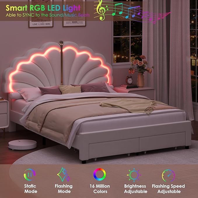 Keyluv Queen Princess Bed Frame with Storage Drawers, Soft Velvet Upholstered LED Platform Bed with Adjustable Modern Shell Headboard, No Box Spring Needed, Noise-Free, Beige