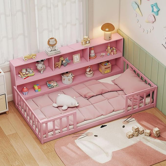 Giantex Twin Floor Bed for Kids, Wooden Montessori Bed Frame with Bookcase, Storage Shelves & Safety Fence Rails, Floor Beds Twin for Girls, Boys, No Box Spring Needed, Without Slats, Pink