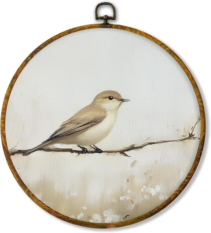 Hiuwevt Neutral Bird Round Wall Art Decor, Minimalist Cottagecore Bird Beige Hanging Canvas Prints Artwork Framed, Rustic Nature Circular Wall Decor for Home Bedroom Living Room, 10x10 Inch