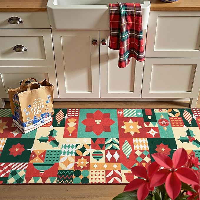 jinchan Christmas Runner Rug 2x5 for Entryway Washable Christmas Kitchen Rug Xmas Geometric Floor Mat for Hallway Non-Slip Soft Carpet Festive Red-Green Holiday Patch Decor for Bathroom Porch Bedside