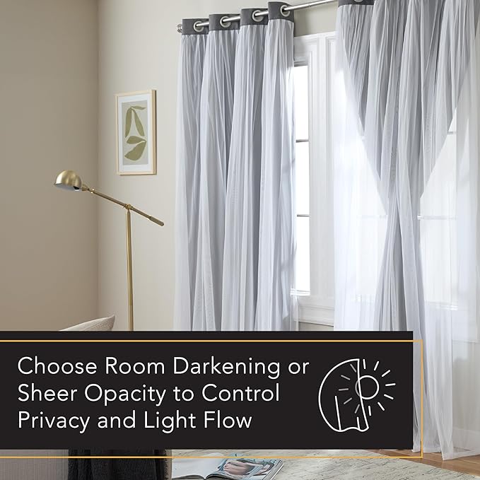TOWN & COUNTRY LUXE Talia Double Layer Indoor Curtains, Sheer and Room Darkening Blackout, Grommet Top, Energy Efficient, 2-Pack Set, 52"x84", Black Pearl