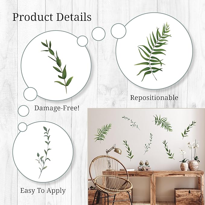 Decalcomania Greenery Leaves Wall Decals - Set of 12 Large Green Leaf Wall Stickers for Kitchen Bedroom Living Room Laundry Bathroom Decor Removable Peel and Stick Indoor Wall Decor
