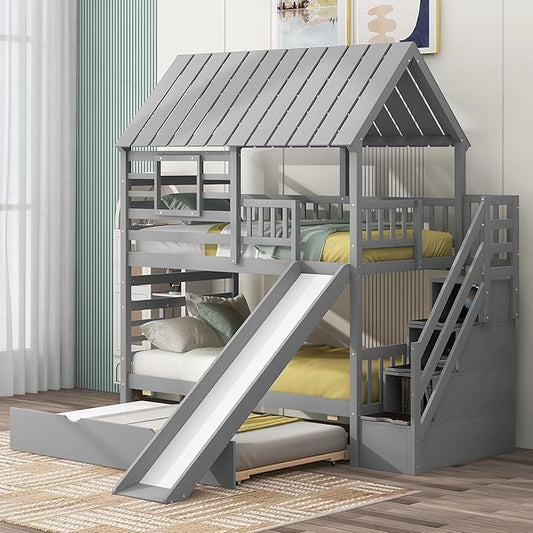 Merax Twin Over Twin House Bunk Bed, Wooden Bed Frame with Trundle and Slide, Storage Staircase, Roof and Window Design, Gray