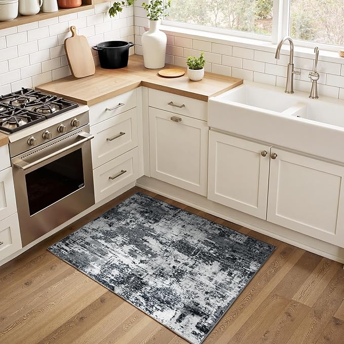 Washable Area Rugs 2'x3' Non-Slip Modern Abstract Soft for Living Room Entryway Bedroom Nursery, Print Pattern, Black Gray
