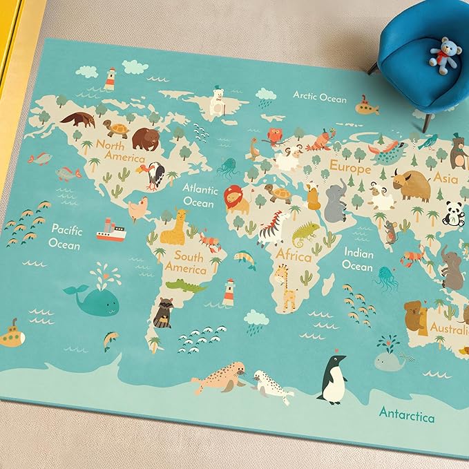 Huge Kids Rugs for Playroom Décor - 9x12 Boho Pastel Classroom Décor for Children Play, Washable Ultra Soft World Map Carpet with Blue Ocean, Continents & Cute Animals