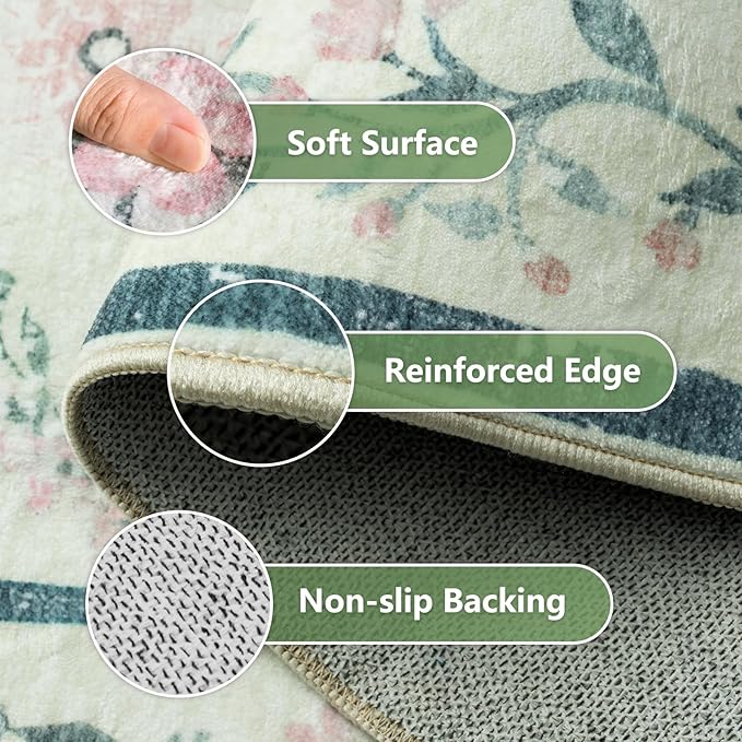 8x10 Washable Rug for Living Room,Green Floral Rugs for Bedroom,Boho Large Non Slip Ultra-Thin Distressed Farmhouse Carpet for Kids Playroom, Classroom, Girls Dorm, Nursery, Green Mult
