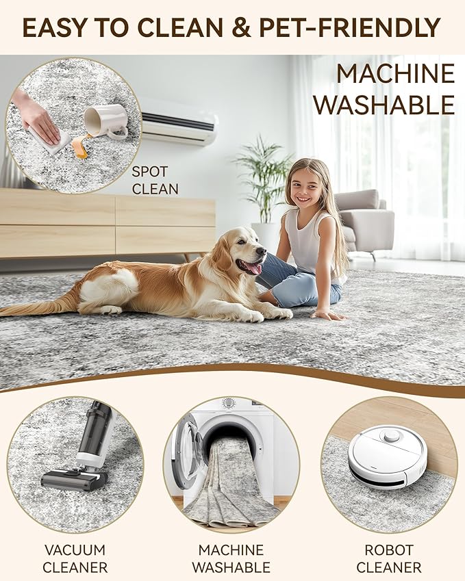 Washable Area Rugs 6'x8' Non-Slip Modern Abstract Soft for Living Room Entryway Bedroom Nursery, Print Pattern, Gray White Grey