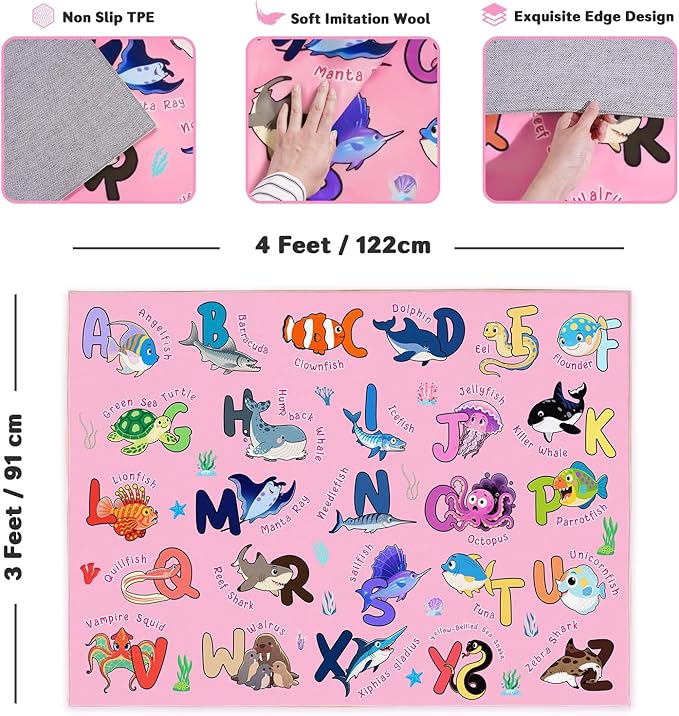 Kids Rug for Playroom, 3x4 Feet Educational Rug for Learn The ABC Alphabet, Soft Machine Washable Non-Slip Cute Marine Organisms Carpet for Classroom Toddler Nursery Kids Room Decor Mat, Pink
