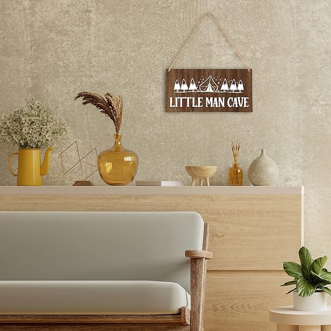 Camping Nursery Decor for Boys, 5"x10" Little Man Cave Wood Sign, Natural Baby Room Wall Decor, Woodland Playroom Decor, Gift for Baby Shower, Toddler Kids Bedroom Living Room Hanging Sign -A03