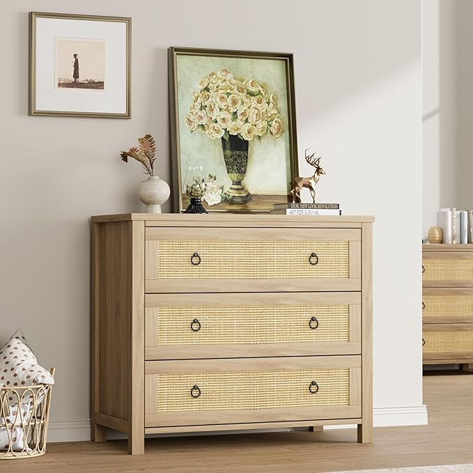 IDEALHOUSE Rattan Dresser for Bedroom, Chest of Dressers 29" Tall Dresser for Closet with 3 Rattan Drawers Chest with Clothes Storage Cabinet, Drawer Organizer for Bedroom, Living Room, Hallway