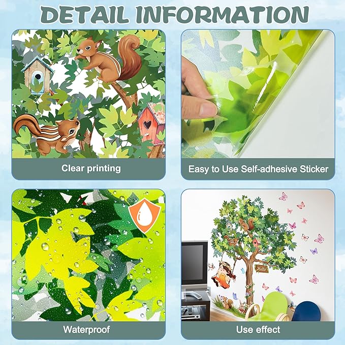 Amaonm Large Whimsical Tree Wall Decal with Woodland Animals, Birds, and Butterflies, Watercolor Green Tree Wall Sticker Decor for Girls Kids Bedroom Living Room Nursery Decoration (A)