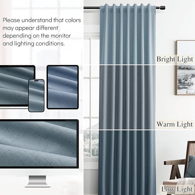 Guken Blue Linen 100% Blackout Curtains 108 Inches Long 2 Panels Set Country Farmhouse Textured Back Tab Hook Belt Room Darkening Thermal Insulated Soundproof Living Room Bedroom 52x108 9Ft