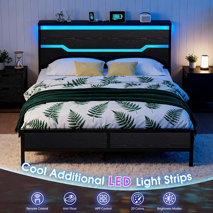 Queen Bed Frame with LED Lights & Charging Station, Bed Frame Queen Size with Headboard,13" Under Bed Storage, Noise-Free Heavy Duty Metal Support, Modern Black