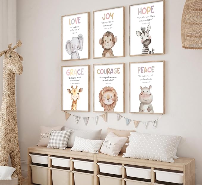 Safari Animal Bible Verse Nursery Wall Art Christian Picture Kids Room Wall Decor Uplifting Scripture Poster Hope Love Joy Jungle Animals Painting Canvas Print Artwork for Baby Room Playroom, Unframed