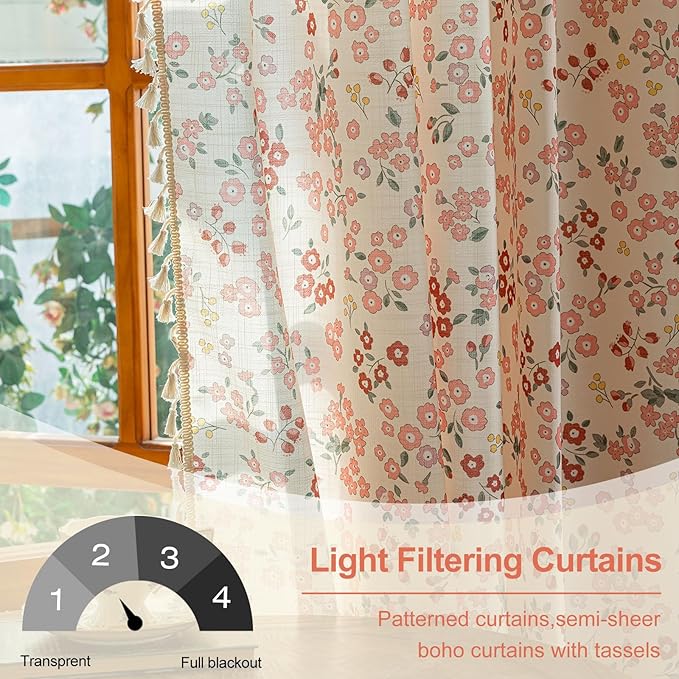 OYX Pink Boho Farmhouse Floral Curtains 96 Inch Long 2 Panels For Living Room, Flower Girl Bedroom Light Filtering Drapes, Vintage Country French Patterned Rod Pocket Aesthetic Decor Window Treatments