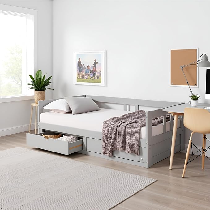 Alaterre Furniture Melody Twin to King Extendable Daybed with Trundle and Storage Drawers – Solid Brazilian Pine Wood with 400lb Capacity for Kids, Guest, or Small Bedroom (Dove Gray)