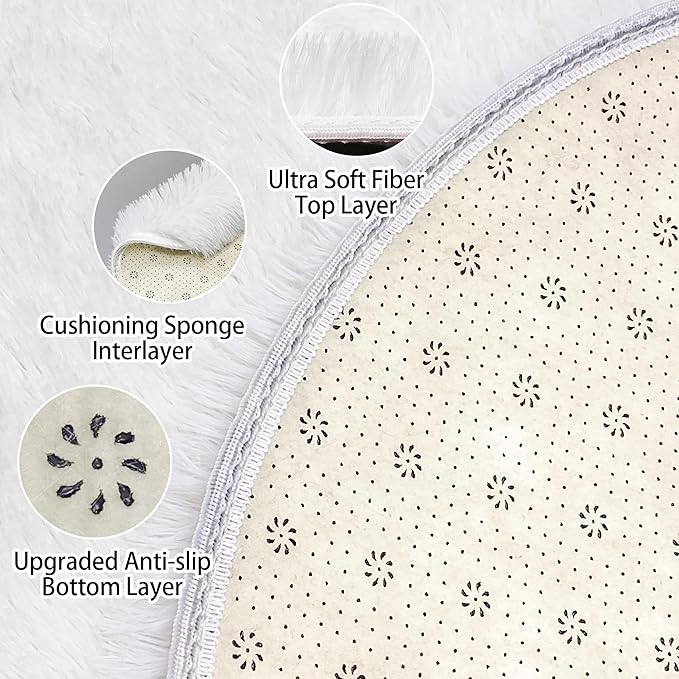 3 ft Small White Round Rug for Bedroom,Tie Dyed Soft Shaggy Circle Rug Fluffy Plush Round Carpet for Kids Girls Boys Room Baby Nursery Living Room Playroom Home Decor