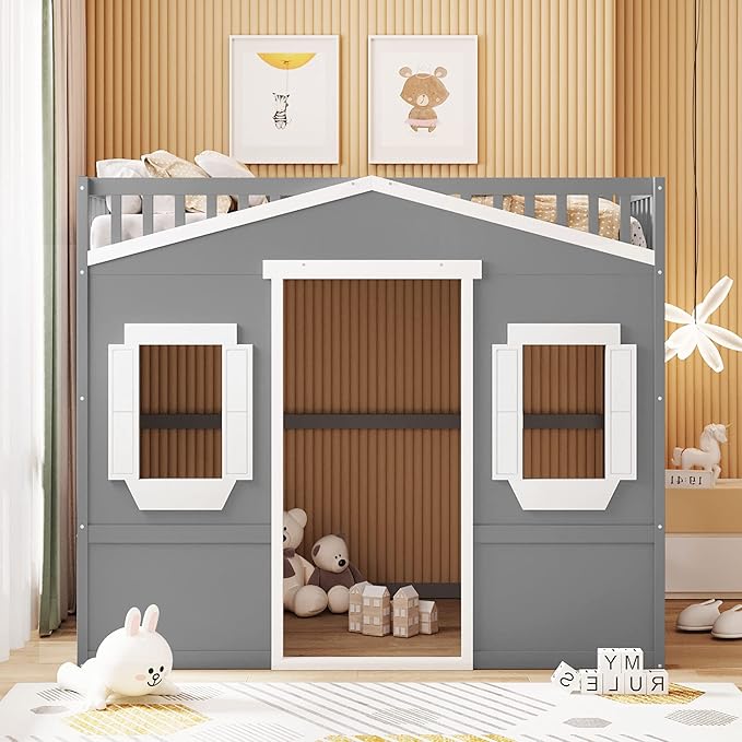 Full Size Loft Bed with Safety Guardrail for Kids Boys Girls, Playhouse Design Solid Wood Loft Bed Frame with Ladder and Windows, Strong Wood Slats Support, Space-Saving (Gray+White)