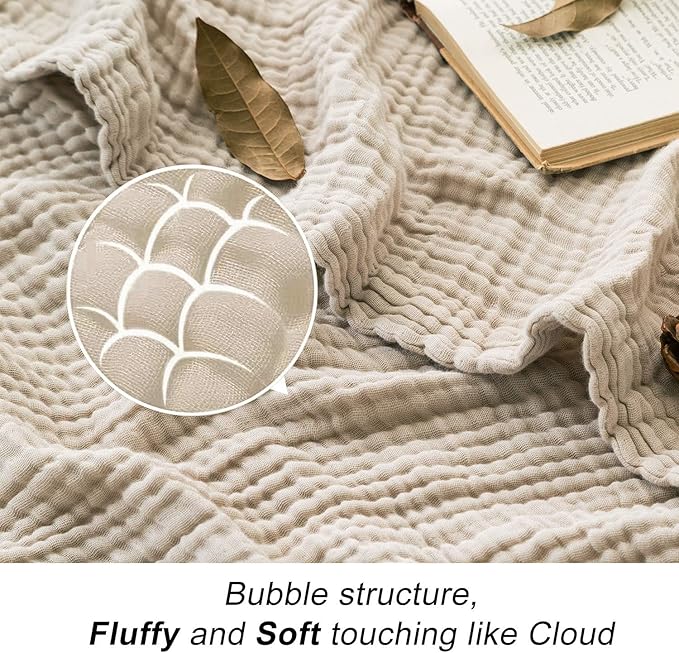EMME Cotton Throw Blanket for Couch Soft Muslin Blankets 50"x60" Lightweight Breathable Blanket Light Tan All Season Gauze Blanket