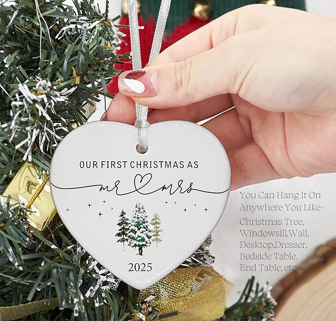 2025 for Newlywed Couples Wife Husband-Our First Christmas as Mr and Mrs-Wedding Gift,New Year Present-Ceramic Hanging Heart Shaped Ornament-Double Sided Printed
