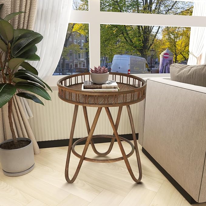 FINECASA Rattan Side Table with Wicker Tray Top 20x23'', Boho Hand-Woven End Table, Small Round End Table with Hairpin Legs, Coffee Table Set for Living Room, Bedroom (Brown)