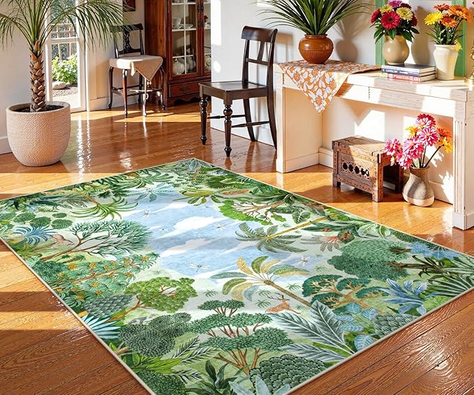 Lahome Summer Jungle Rug, Washable Rugs 5x7 for Bedroom, Green Forest Soft Carpet for Living Room, Summer Season Non Slip Non Shedding Dining Room Carpet for Under Table Classroom Entryway