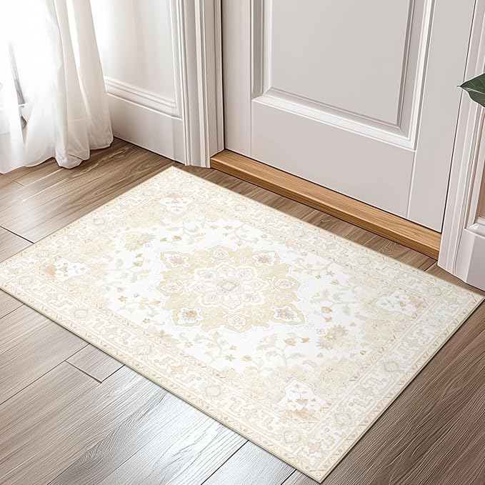 Machine Washable Rugs Nursery Rug 2x3 Area Rugs Girl Non Slip Low Pile Water Repellent Soft Print Pattern for Bedroom Indoor Decor Kids Playroom Cream