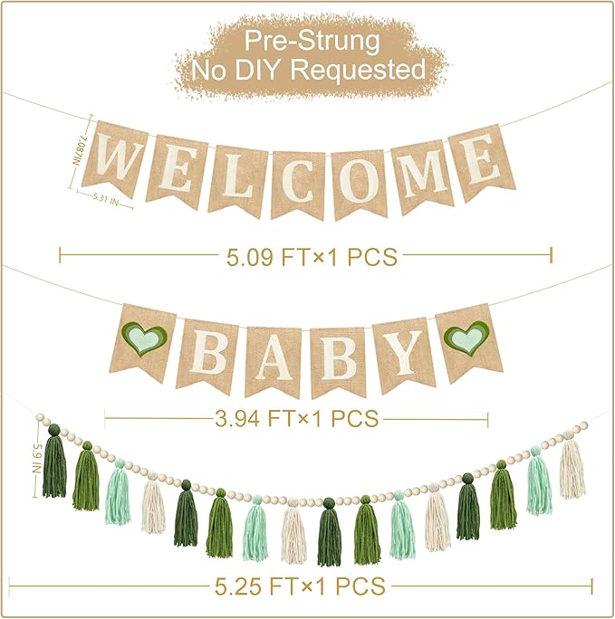 Baby Shower Burlap Pennant Banner Flag Felt Welcome Baby Sign Ombre Sage Green Heart and Olive Green Tassel Garland with Beads for Neutral Baby Shower Hello Baby Welcome Baby Party Decoration Supplies