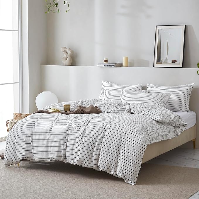 JELLYMONI 100% Natural Cotton 3pcs Striped Duvet Cover Sets, White Duvet Cover with Thin Black Stripes Pattern Printed Comforter Cover, with Zipper Closure & Corner Ties(King Size)
