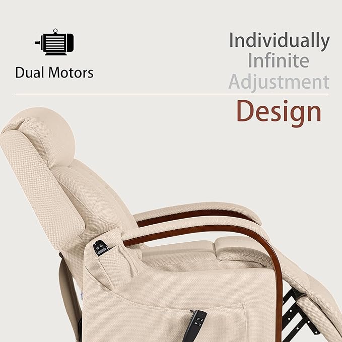DYNOX Small Lift Chair Recliner with Heat and Massage, Dual Motor Power Lift Sofa for Elderly,Infinite Adjust for Back and Footrest,Side Pocket(9185,Beige,Linen Fabric