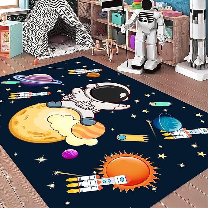 4x5ft Kids Space Themed Area Rug - with Spaceman, Rocket and Planet Design, Non-Slip Washable, Easy Care Rug, Suitable for Kids Playroom, Boys and Girls Room Decor