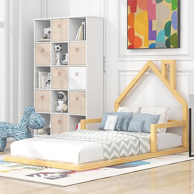 Twin Size Wood Floor Bed with House-shaped Headboard and a Chimney,Bedroom Simple Modern Bed Frame W/ Playful Design & No Box Spring Required,for Kids Teens Girls Boys,Natural