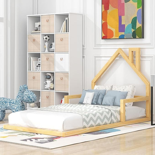 Twin Size Wood Floor Bed with House-shaped Headboard and a Chimney,Bedroom Simple Modern Bed Frame W/ Playful Design & No Box Spring Required,for Kids Teens Girls Boys,Natural
