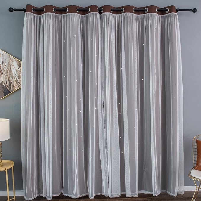 Kinryb Kids Blackout Curtains for Bedroom/Living Room/Classroom, Sheer Overlay Extra Long 2 Panel Set, Double Layer Curtains with Star Cutout for Kids Room(W 52 x L 108 Inches,Chocolate 2 Pcs)