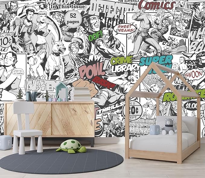 XMPMBM-Cartoon Hand-Painted Comics Nursery Room Fabric Wallpaper Kids Gaming Room Graffiti Bedroom Wall Mural-W 88" X H 59"（36 Square Foot）