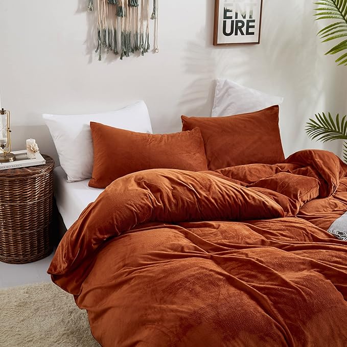 Houseri Velvet Rust Duvet King Size - Fluffy Terracotta Bedding Sets - Flannel Burnt Orange King Size Duvet Cover