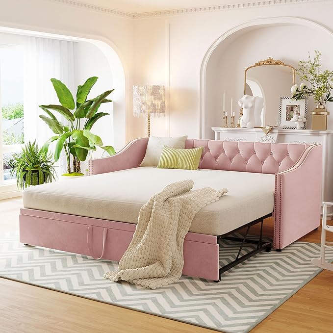 Merax Twin Size Upholstered Velvet Daybed with Pop Up Trundle, Multi-Functional Sofa Bed with Backrest and Two Armrest for Kids Room, Guest Room, Living Room, Pink