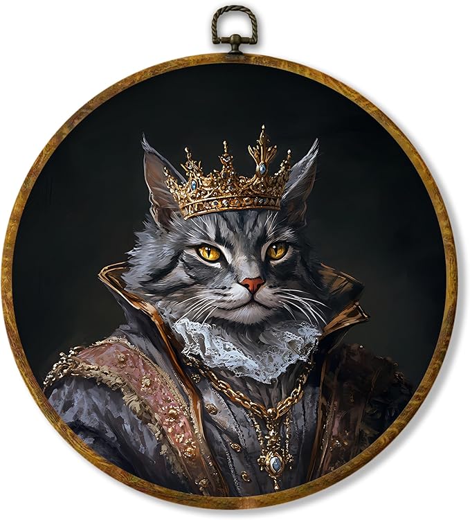 Hiuwevt Cat Renaissance Style Round Wall Art Decor, Cat Mom Lovers Gifts for Women Framed Canvas Prints, King Kitten Round Wall Hanging Decor for Bedroom Home Decorations, 10x10 Inches